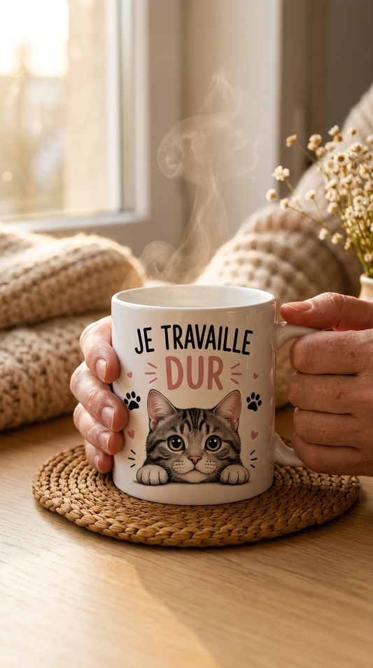 Mug "Je travaille dur pour offrir une belle vie à mon chat" 🐱